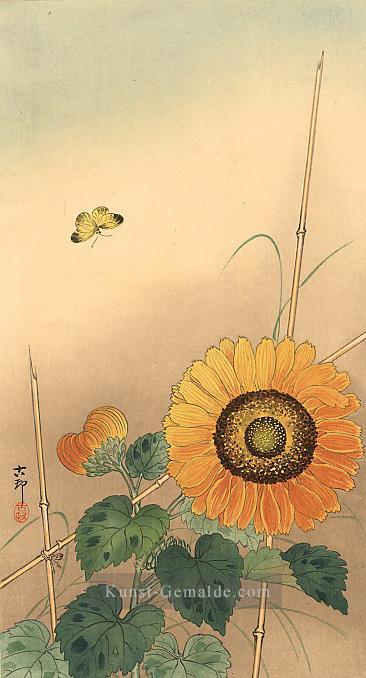 Kleine Schmetterling und Sonnenblume Ohara Koson Blumenschmuck Ölgemälde